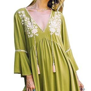 NEW • Women's Boho Sleeves V Neck Embroidered Ruffles Midi Dress